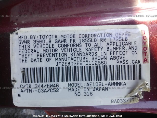 JT2EB02E6T0112680 - 1996 TOYOTA COROLLA DX RED photo 9