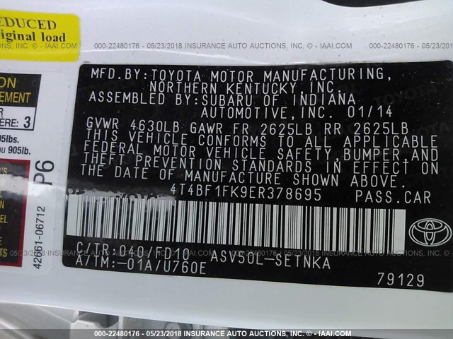 4T4BF1FK9ER378695 - 2014 TOYOTA CAMRY L/SE/LE/XLE 白色 照片 9