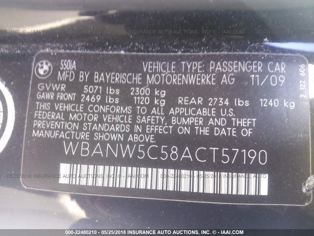 WBANW5C58ACT57190 - 2010 BMW 550 I BLACK photo 9
