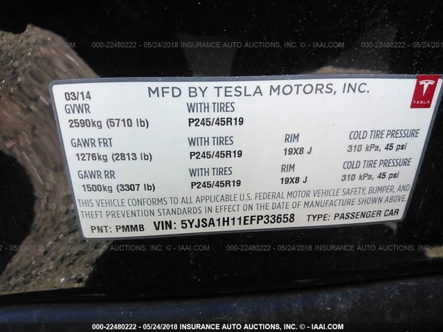 5YJSA1H11EFP33658 - 2014 TESLA MODEL S 蓝色 照片 9