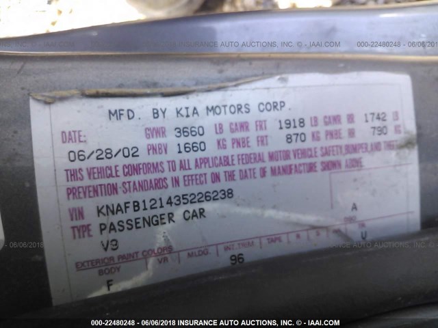 KNAFB121435226238 - 2003 KIA SPECTRA LS GRAY photo 9