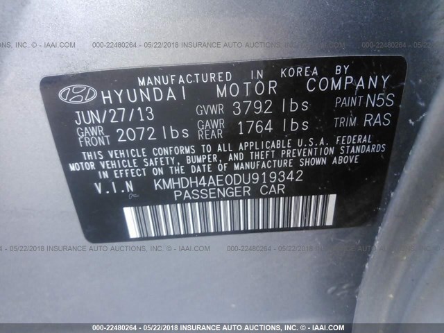 KMHDH4AE0DU919342 - 2013 HYUNDAI ELANTRA GLS/LIMITED GRAY photo 9