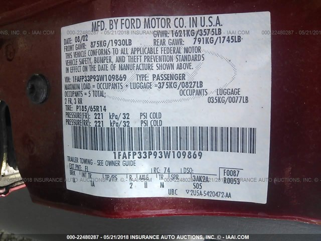 1FAFP33P93W109869 - 2003 FORD FOCUS LX RED photo 9