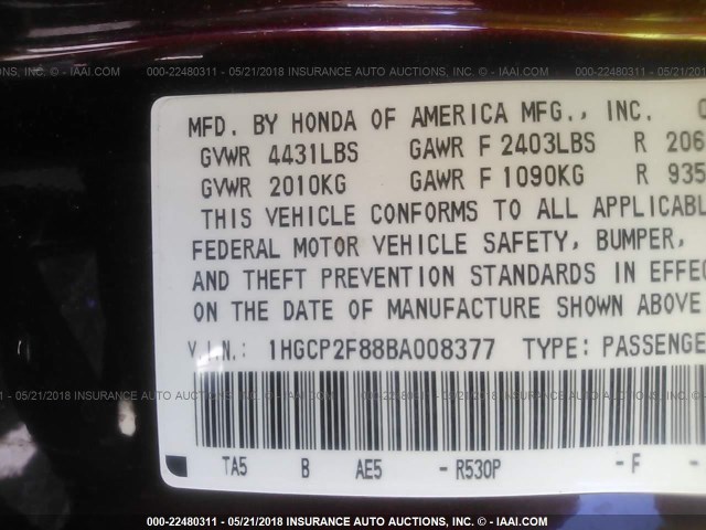 1HGCP2F88BA008377 - 2011 HONDA ACCORD EXL MAROON photo 9