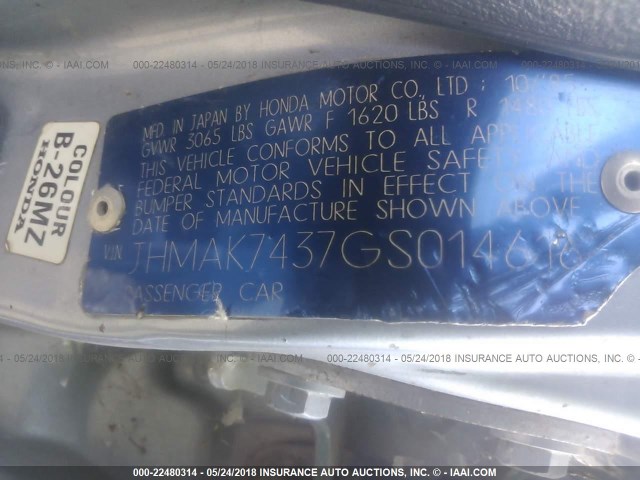 JHMAK7437GS014616 - 1986 HONDA CIVIC 1500 S BLUE photo 9