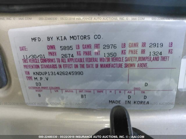 KNDUP131426245990 - 2002 KIA SEDONA EX/LX TAN photo 9