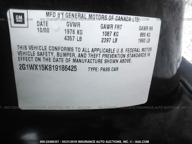 2G1WX15K819186425 - 2001 CHEVROLET MONTE CARLO SS შავი ფოტო 9