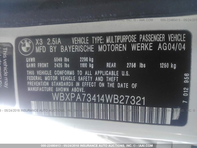 WBXPA73414WB27321 - 2004 BMW X3 2.5I WHITE photo 9
