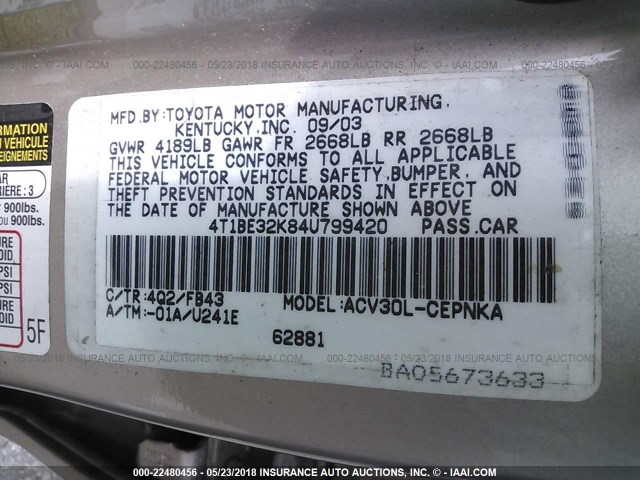 4T1BE32K84U799420 - 2004 TOYOTA CAMRY LE/XLE/SE 金色 照片 9