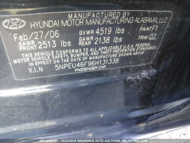 5NPEU46F96H131338 - 2006 HYUNDAI SONATA GLS/LX BLACK photo 9