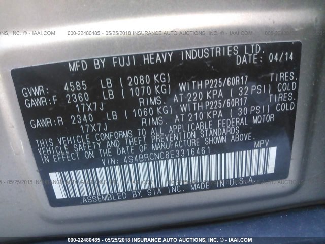 4S4BRCNC8E3316461 - 2014 SUBARU OUTBACK 2.5I LIMITED Pewter photo 9