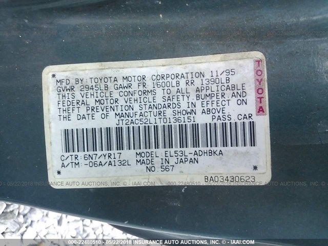 JT2AC52L1T0136151 - 1996 TOYOTA TERCEL STD/DX GREEN photo 9