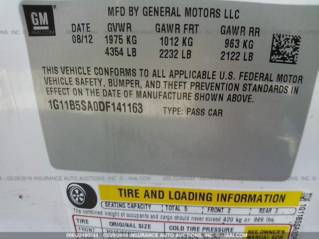 1G11B5SA0DF141163 - 2013 CHEVROLET MALIBU LS WHITE photo 9