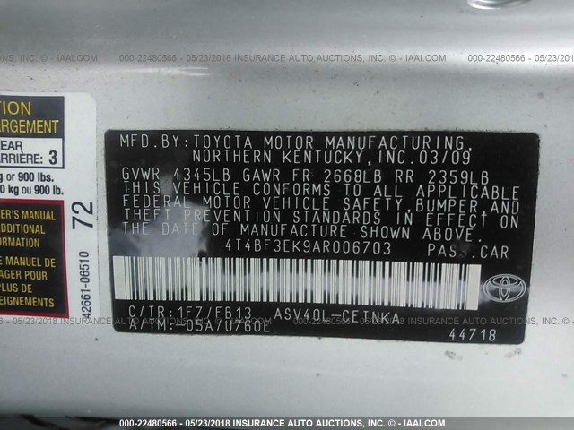 4T4BF3EK9AR006703 - 2010 TOYOTA CAMRY SE/LE/XLE SILVER photo 9