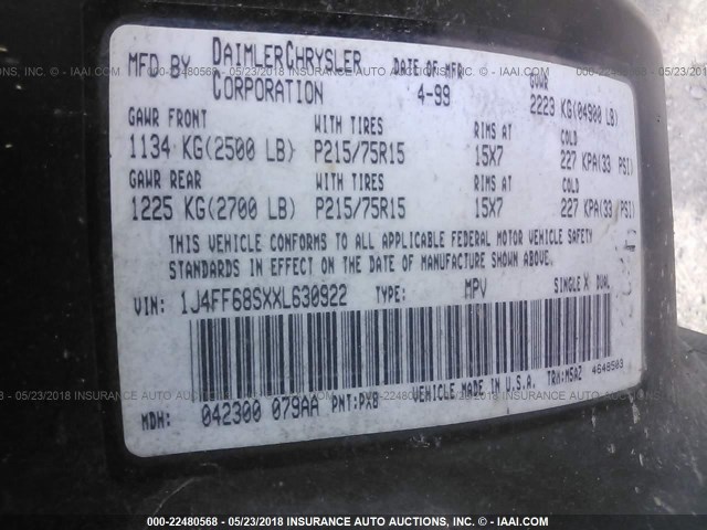 1J4FF68SXXL630922 - 1999 JEEP CHEROKEE SPORT/CLASSIC შავი ფოტო 9