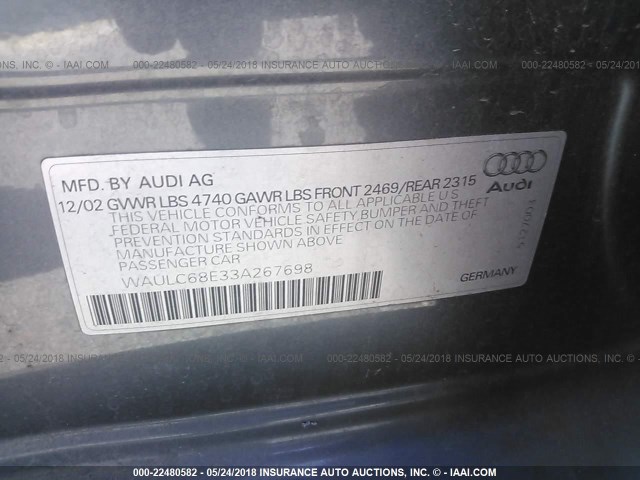 WAULC68E33A267698 - 2003 AUDI A4 1.8T QUATTRO GRAY photo 9