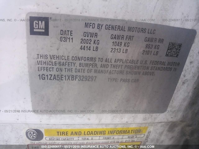 1G1ZA5E1XBF329297 - 2011 CHEVROLET MALIBU LS თეთრი ფოტო 9