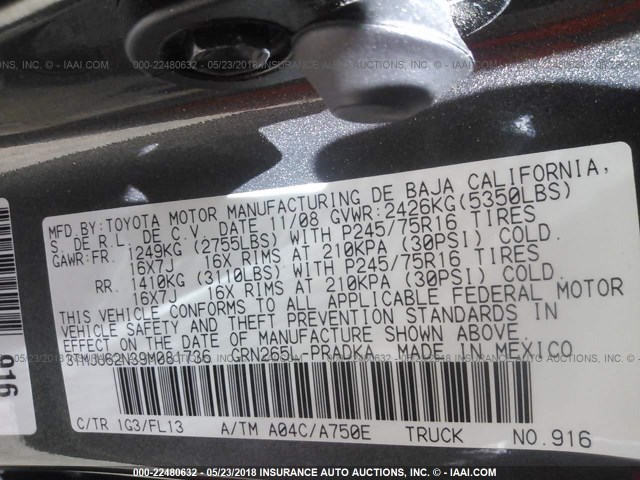 3TMJU62N39M081736 - 2009 TOYOTA TACOMA DOUBLE CAB PRERUNNER GRAY photo 9