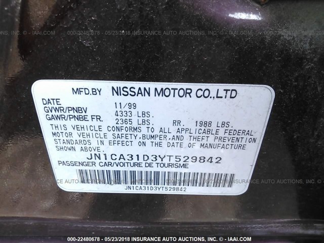 JN1CA31D3YT529842 - 2000 NISSAN MAXIMA GLE/GXE/SE MAROON photo 9