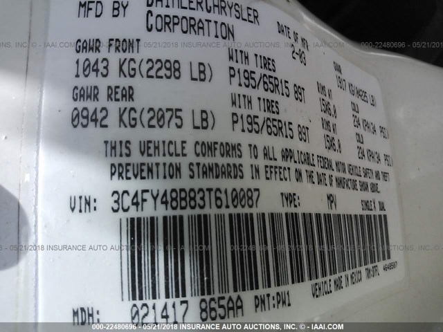 3C4FY48B83T610087 - 2003 CHRYSLER PT CRUISER CLASSIC 白色 照片 9