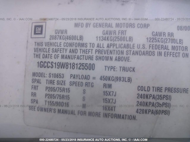 1GCCS19W818125500 - 2001 CHEVROLET S TRUCK S10 WHITE photo 9