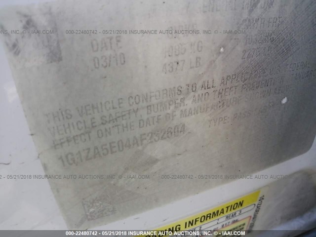 1G1ZA5E04AF232604 - 2010 CHEVROLET MALIBU LS 白色 照片 9