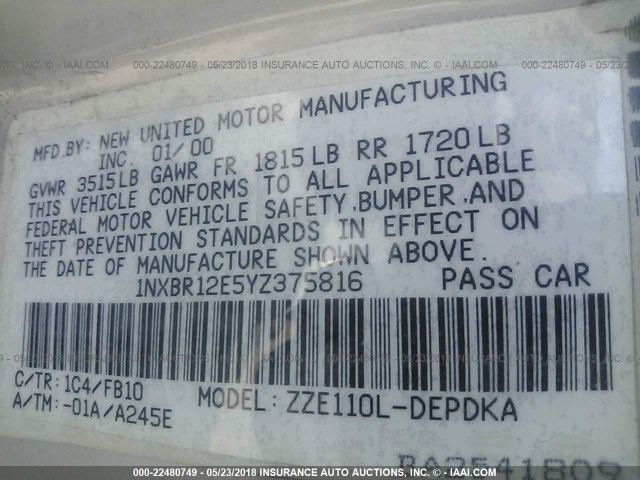 1NXBR12E5YZ375816 - 2000 TOYOTA COROLLA VE/CE/LE 银色 照片 9