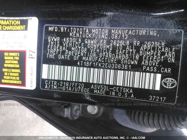 4T1BF1FK2EU306361 - 2014 TOYOTA CAMRY L/SE/LE/XLE 黑色 照片 9