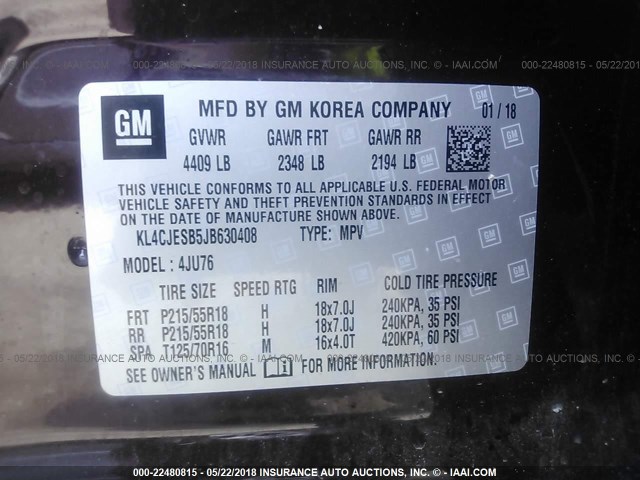 KL4CJESB5JB630408 - 2018 BUICK ENCORE PREFERRED Күлгін фото 9