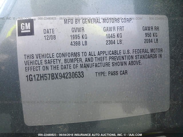 1G1ZH57BX94230633 - 2009 CHEVROLET MALIBU 1LT 绿色 照片 9