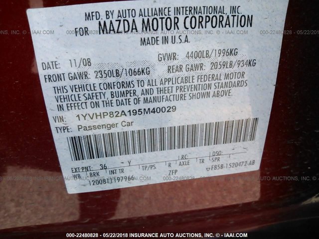 1YVHP82A195M40029 - 2009 MAZDA 6 I RED photo 9