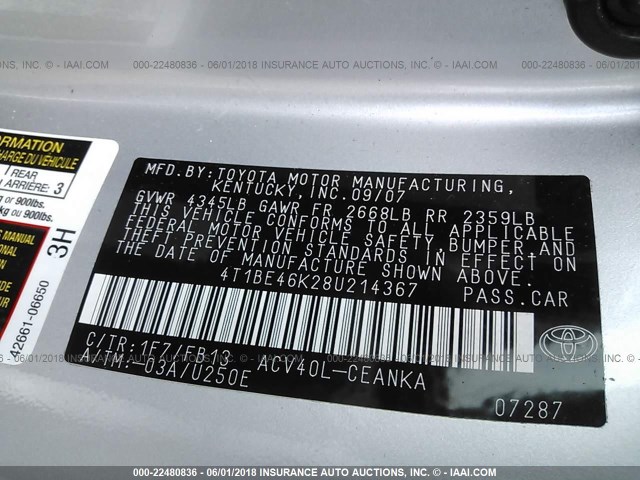 4T1BE46K28U214367 - 2008 TOYOTA CAMRY CE/LE/XLE/SE SILVER photo 9