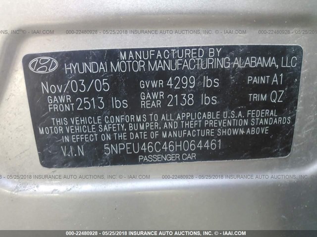 5NPEU46C46H064461 - 2006 HYUNDAI SONATA GLS/LX GOLD photo 9