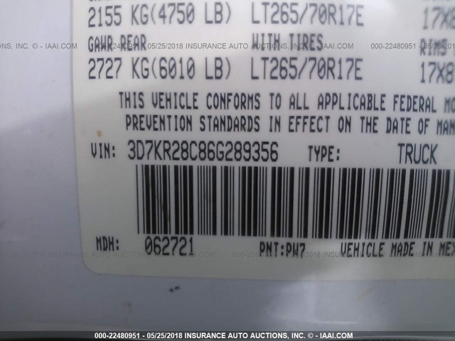 3D7KR28C86G289356 - 2006 DODGE RAM 2500 ST/SLT 白色 照片 9