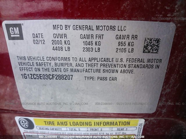 1G1ZC5E03CF288207 - 2012 CHEVROLET MALIBU 1LT 栗色 照片 9