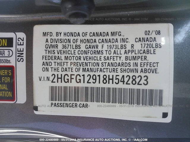 2HGFG12918H542823 - 2008 HONDA CIVIC EXL GOLD photo 9