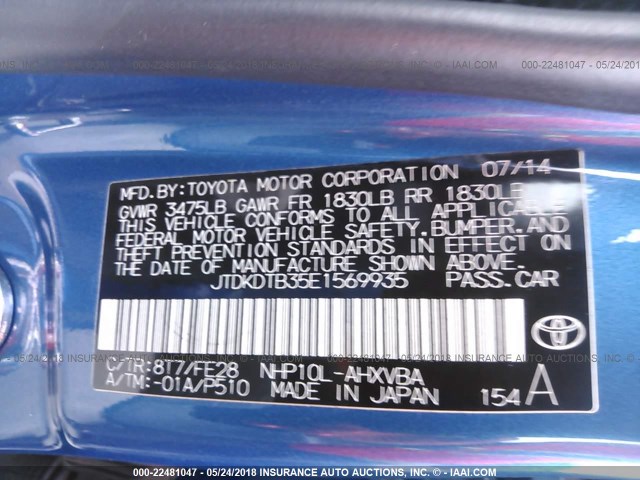 JTDKDTB35E1569935 - 2014 TOYOTA PRIUS C BLUE photo 9