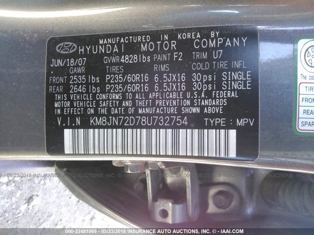 KM8JN72D78U732754 - 2008 HYUNDAI TUCSON SE/LIMITED GRAY photo 9