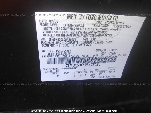 2FMDK53C89BA28084 - 2009 FORD FLEX LIMITED BURGUNDY photo 9