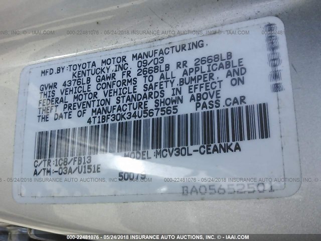 4T1BF30K34U567565 - 2004 TOYOTA CAMRY LE/XLE/SE 银色 照片 9