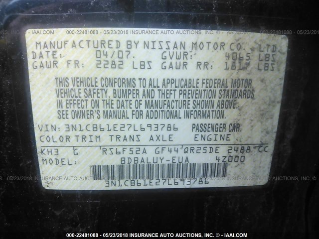 3N1CB61E27L693786 - 2007 NISSAN SENTRA SE-R SPEC V BLACK photo 9