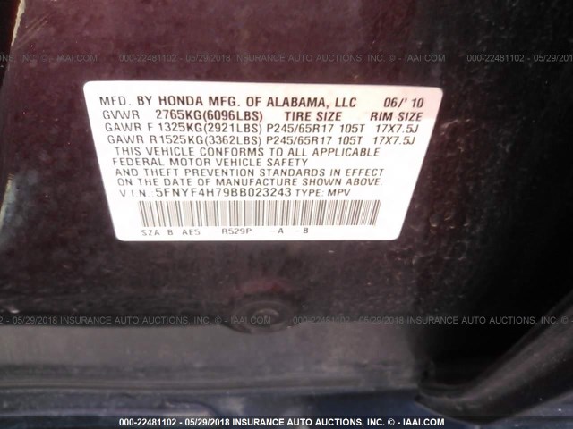 5FNYF4H79BB023243 - 2011 HONDA PILOT EXLN MAROON photo 9