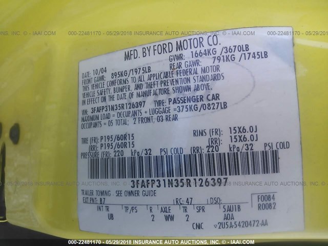 3FAFP31N35R126397 - 2005 FORD FOCUS ZX3 YELLOW photo 9