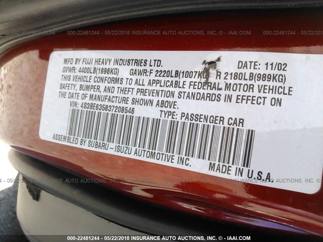 4S3BE635837208546 - 2003 SUBARU LEGACY L/L SPECIAL RED photo 9