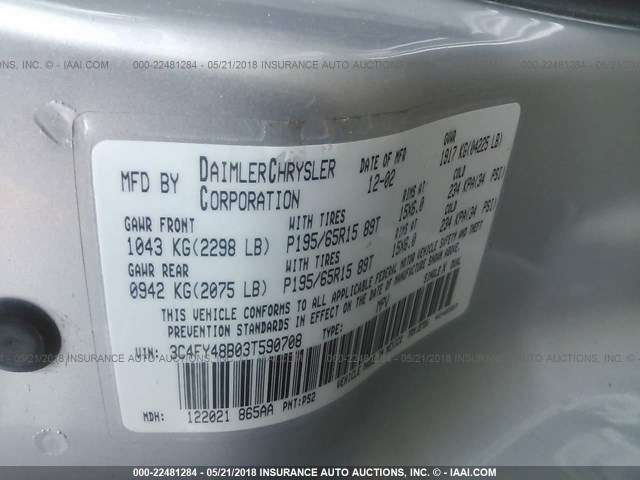 3C4FY48B03T590708 - 2003 CHRYSLER PT CRUISER CLASSIC SILVER photo 9