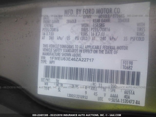 1FMEU63E46ZA22717 - 2006 FORD EXPLORER XLT GOLD photo 9