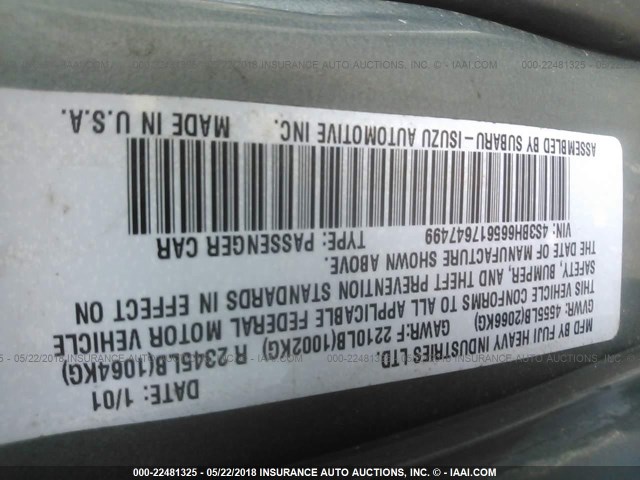 4S3BH665617647499 - 2001 SUBARU LEGACY OUTBACK GREEN photo 9