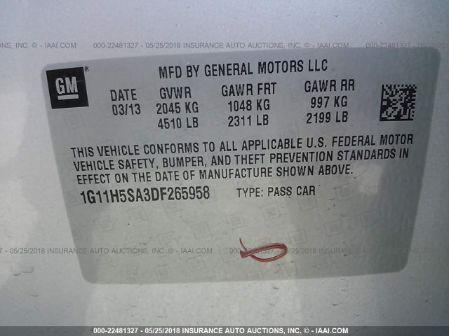 1G11H5SA3DF265958 - 2013 CHEVROLET MALIBU LTZ 银色 照片 9