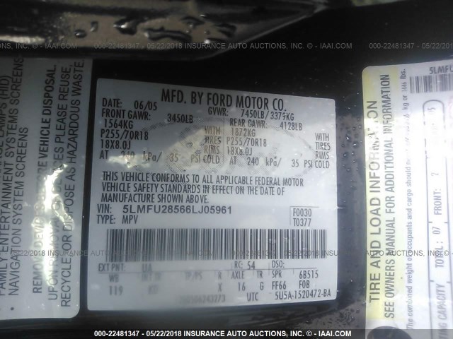 5LMFU28566LJ05961 - 2006 LINCOLN NAVIGATOR BLACK photo 9