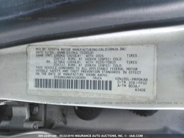 5TEGN92N83Z180880 - 2003 TOYOTA TACOMA DOUBLE CAB PRERUNNER SILVER photo 9